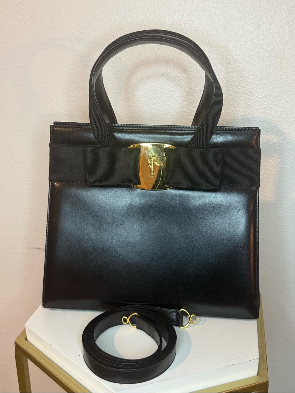 Salvatore Ferragamo Black Leather Vara Bow Satchel with Gold Hardware